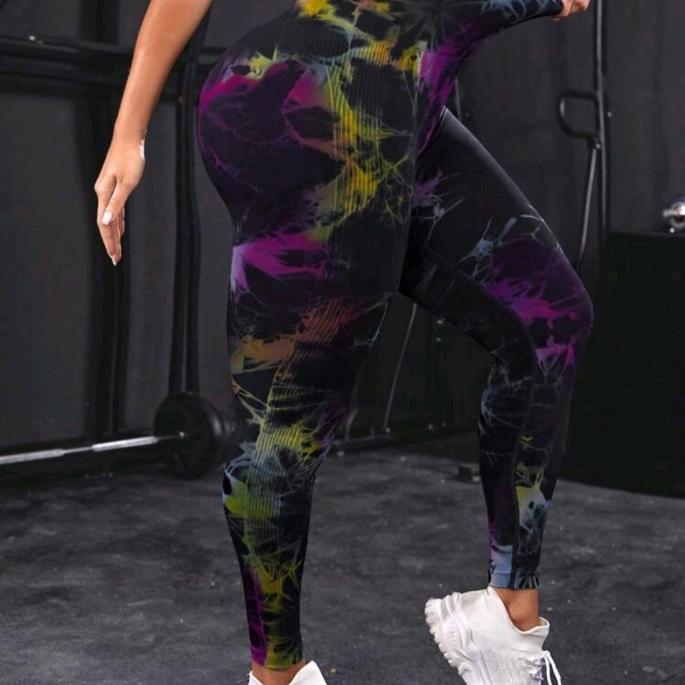 Black Tie-Dye High-Waist Leggings with Purple & Yellow Accents